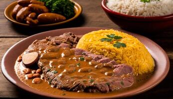 Gourmet plate of cooked beef, rice, and vegetables ,generative AI photo