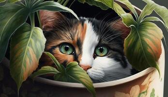 Cute kitten sitting amongst green plants, whiskers out ,generative AI photo