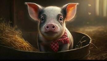 Cute piglet snout portrait, looking at camera ,generative AI photo