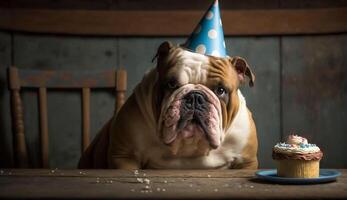 Cute bulldog puppy sitting on wooden table ,generative AI photo