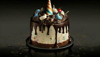 indulgente cumpleaños pastel con Formación de hielo y vela ,generativo ai foto