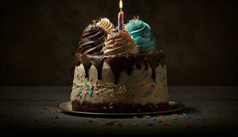 Birthday celebration with chocolate cake and candles burning ,generative AI photo