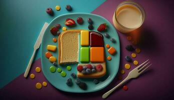 Multi colored fruit and dessert plate with chocolate ,generative AI photo