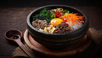 Fresh meal in wooden bowl, close up with spice , photo
