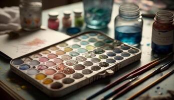 Paintbrush, paint and palette bring color to paper , photo