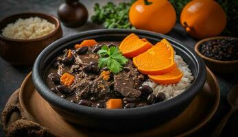 Fresco gastrónomo comida en orgánico cuenco con carne ,generativo ai foto