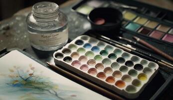 Paintbrush and palette creating beautiful watercolor painting , photo