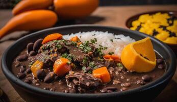 Fresh and healthy vegetable stew in rustic bowl , photo