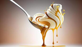 Honey pouring over yellow gourmet dessert, abstract pattern ,generative AI photo