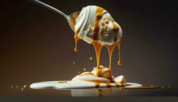 Close up food drop of liquid honey pouring ,generative AI photo