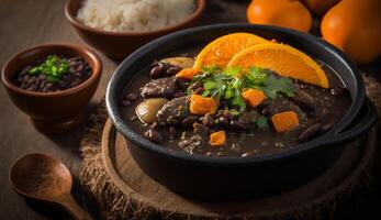 Fresh beef stew in rustic crockery bowl with vegetables ,generative AI photo