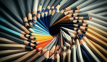 Multi colored pencils on wood background, close up shot ,generative AI photo
