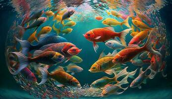 Multi colored school of fish swimming in blue water ,generative AI photo