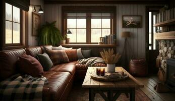 Modern home interior design with wood material ,generative AI photo