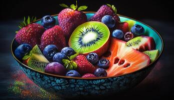 Fresh blueberries and strawberries in a colorful bowl ,generative AI photo