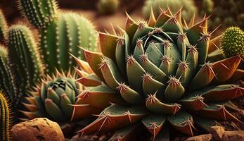 Close up of a sharp thorn on green succulent ,generative AI photo