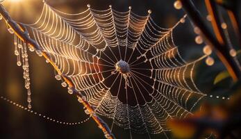 Spiderweb glistens with dew on autumn leaf ,generative AI photo