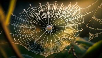 Spider web traps dew drop on leaf ,generative AI photo