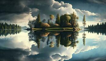 belleza reflexión de bosque en tranquilo agua ,generativo ai foto