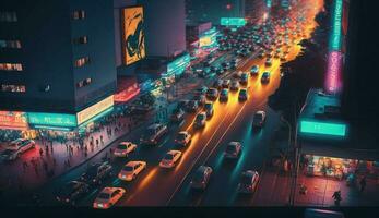 Nighttime Beijing city skyline with blurred traffic motion ,generative AI photo