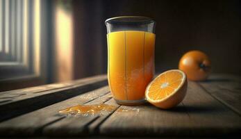 Freshly squeezed orange juice in rustic wooden setting ,generative AI photo
