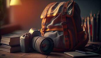 cámara bolso lleno de equipo para aventuras fotografía ,generativo ai foto