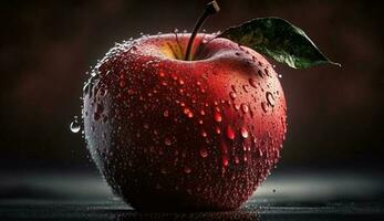 Fresh apple drop with wet leaf and dew ,generative AI photo