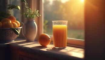 Fresh orange slice on wooden background, healthy snack ,generative AI photo