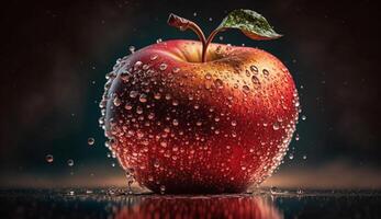 Fresh apple drops in wet reflection healthy snack ,generative AI photo