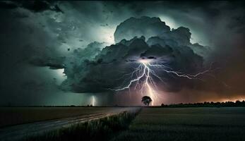 Dark thunderstorm over spooky landscape, electrifying sky ,generative AI photo
