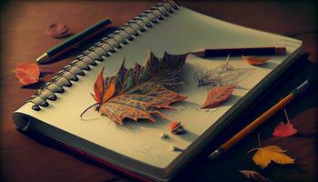 Autumn leaves on wood, educational literature on desk ,generative AI photo