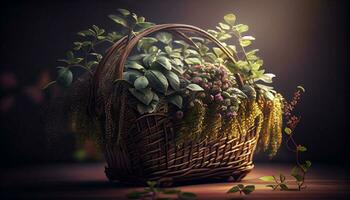 Basket of fresh fruits and flowers on grass ,generative AI photo
