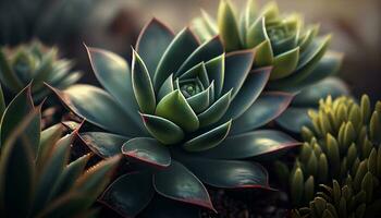 Green succulent plant with sharp thorns outdoors ,generative AI photo