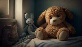 cute bear teddy and rabbit adorables toys ,generative AI photo