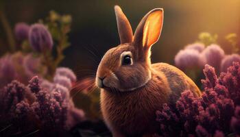 beauty rabbit with pink plants realistic scene ,generative AI photo