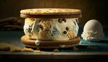 Sweet homemade chocolate cookies on rustic wooden table ,generative AI photo