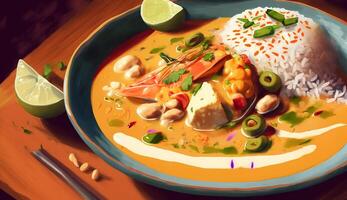 Gourmet seafood soup with lime and cilantro ,generative AI photo