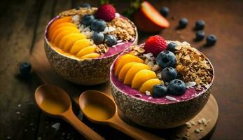 Fresh berry bowl with yogurt, granola, and honey ,generative AI photo