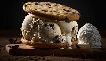 Indulgent homemade chocolate cookie on rustic wood table ,generative AI photo