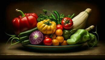 Fresco vegetales y amarillo campana pimienta ensalada ,generativo ai foto