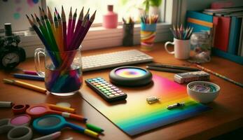 Creative child at a colorful desk working with pencils ,generative AI photo