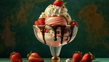 Fresh summer dessert Berry filled ice cream sundae ,generative AI photo