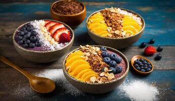 Healthy bowl Blueberry yogurt granola oatmeal dessert on wood ,generative AI photo