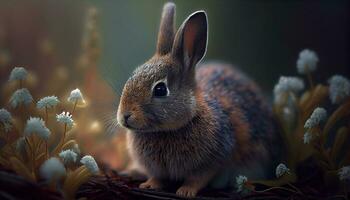 rabbit with white flowers realistic scene ,generative AI photo