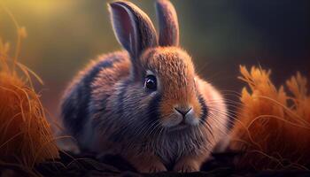 beauty rabbit with grass realistic scene , photo