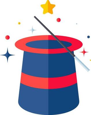 Blue and red Magic hat with wand icon in flat style.