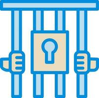 Hand Holding Prison Bars Icon In Blue And Yellow Color. vector