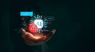 Business man holding digital chatbot Artificial Intelligence AI with hacking and warning alert. cyber attack network, spyware or Malicious software. Technology cyber security and cybercrime. photo