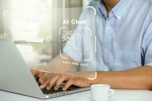 Business man using digital chatbot application Artificial Intelligence at home for online customer service. AI Chat Technology for Seamless Communication and Customer Engagement. photo