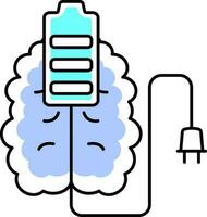 Brain With Battery Plug Icon In Blue And White Color. vector